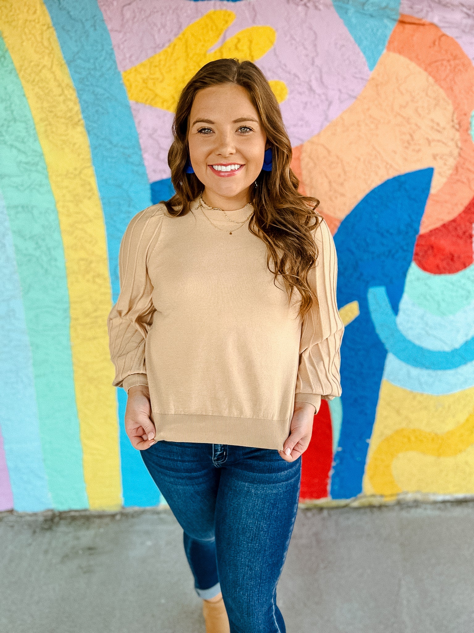 Brielle Pleated Sleeve Sweater - Beige