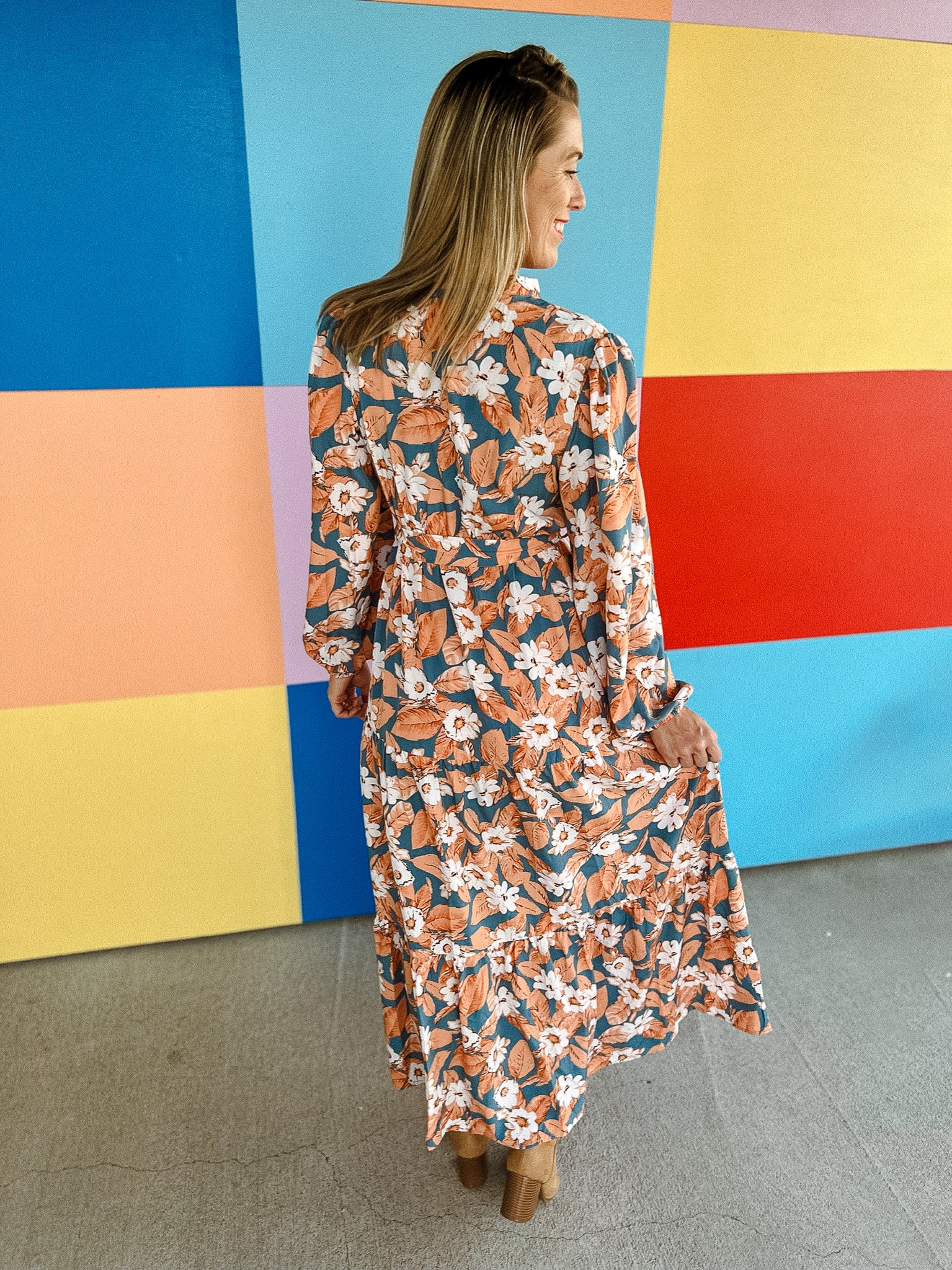 Sunrise Dream Floral Maxi Dress - Muted Dark Apricot + Oyster + Smokey Peacock