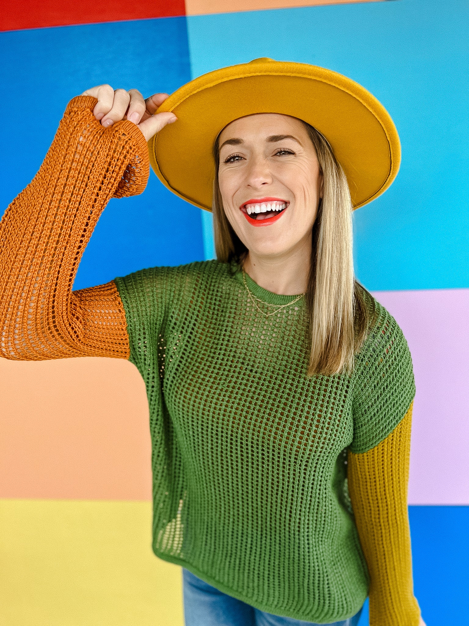 Reed Color Block Sweater - Moss Green + Amber + Mustard