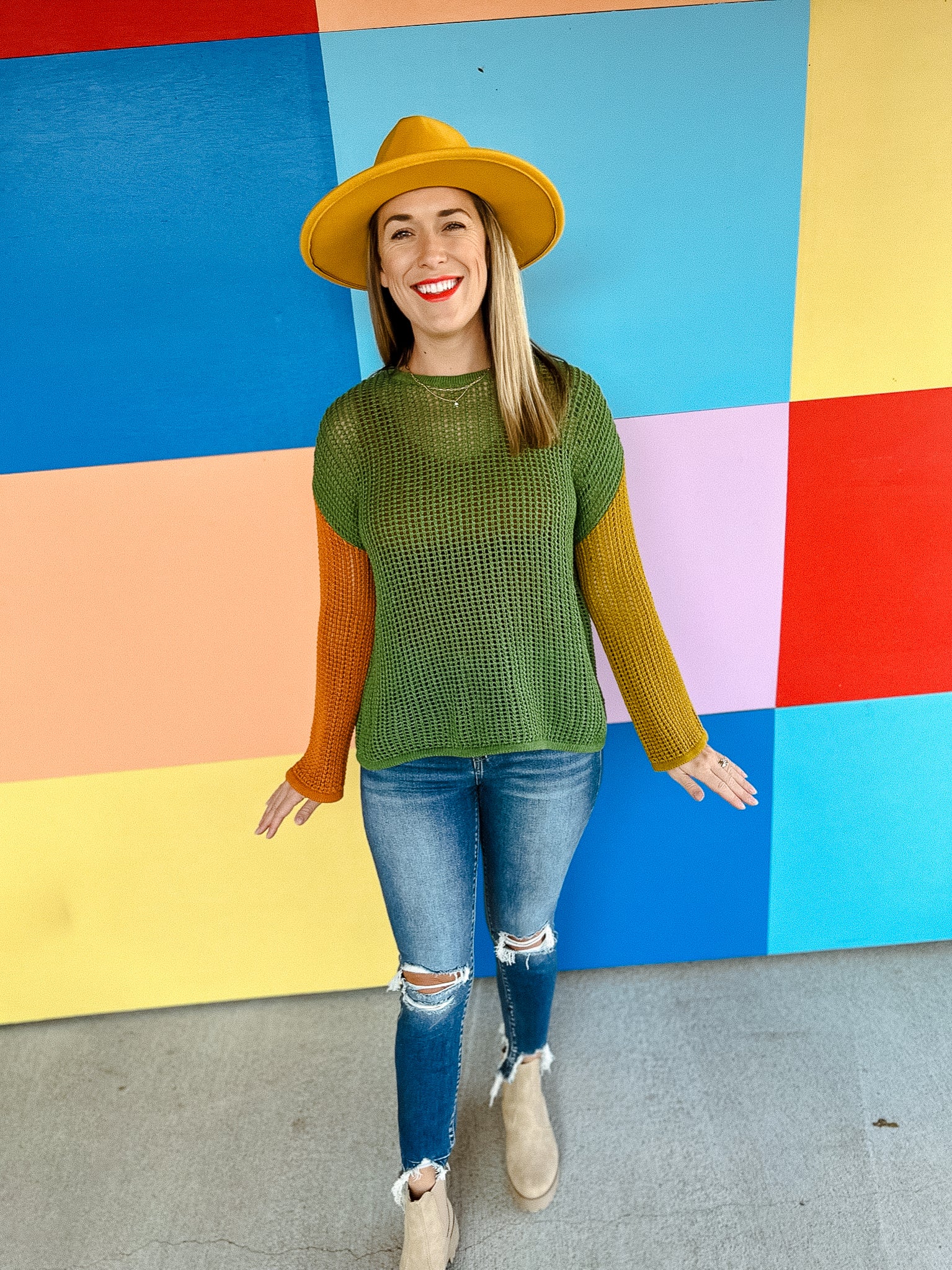Reed Color Block Sweater - Moss Green + Amber + Mustard