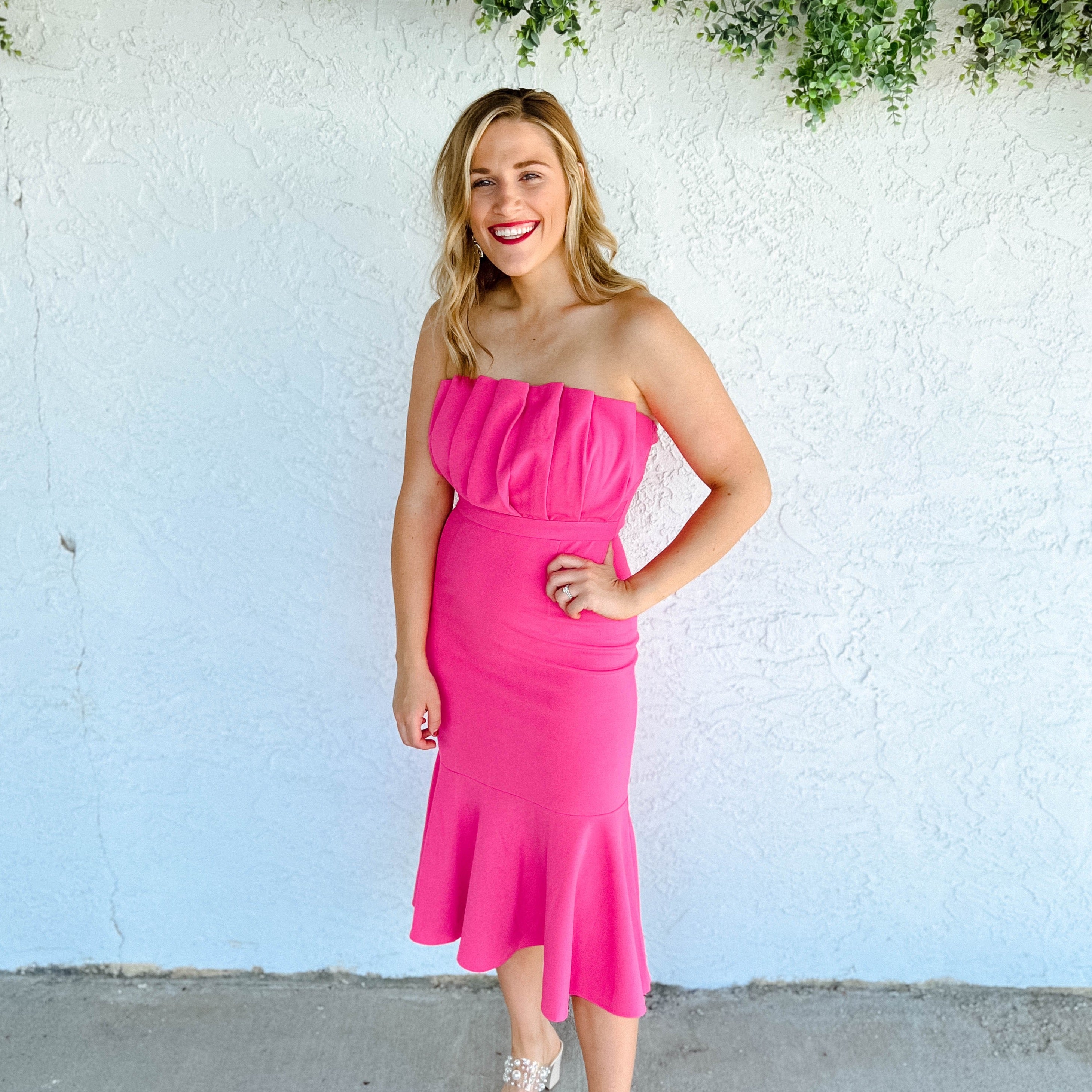 Hannah Strapless Midi Dress - Hot Pink