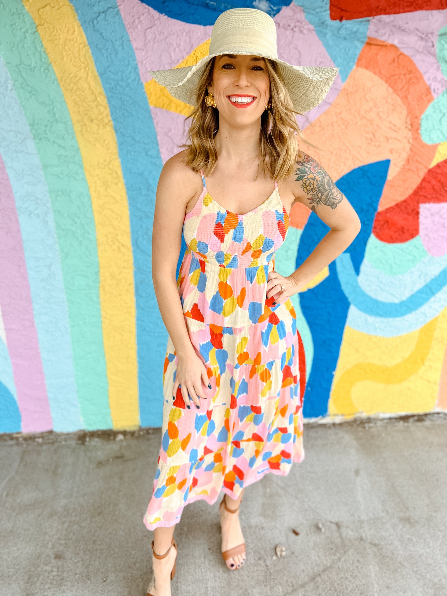 Southern Belle Smocked Multicolor Midi Dress - Oatmeal + Oxford Blue + Geranium Pink