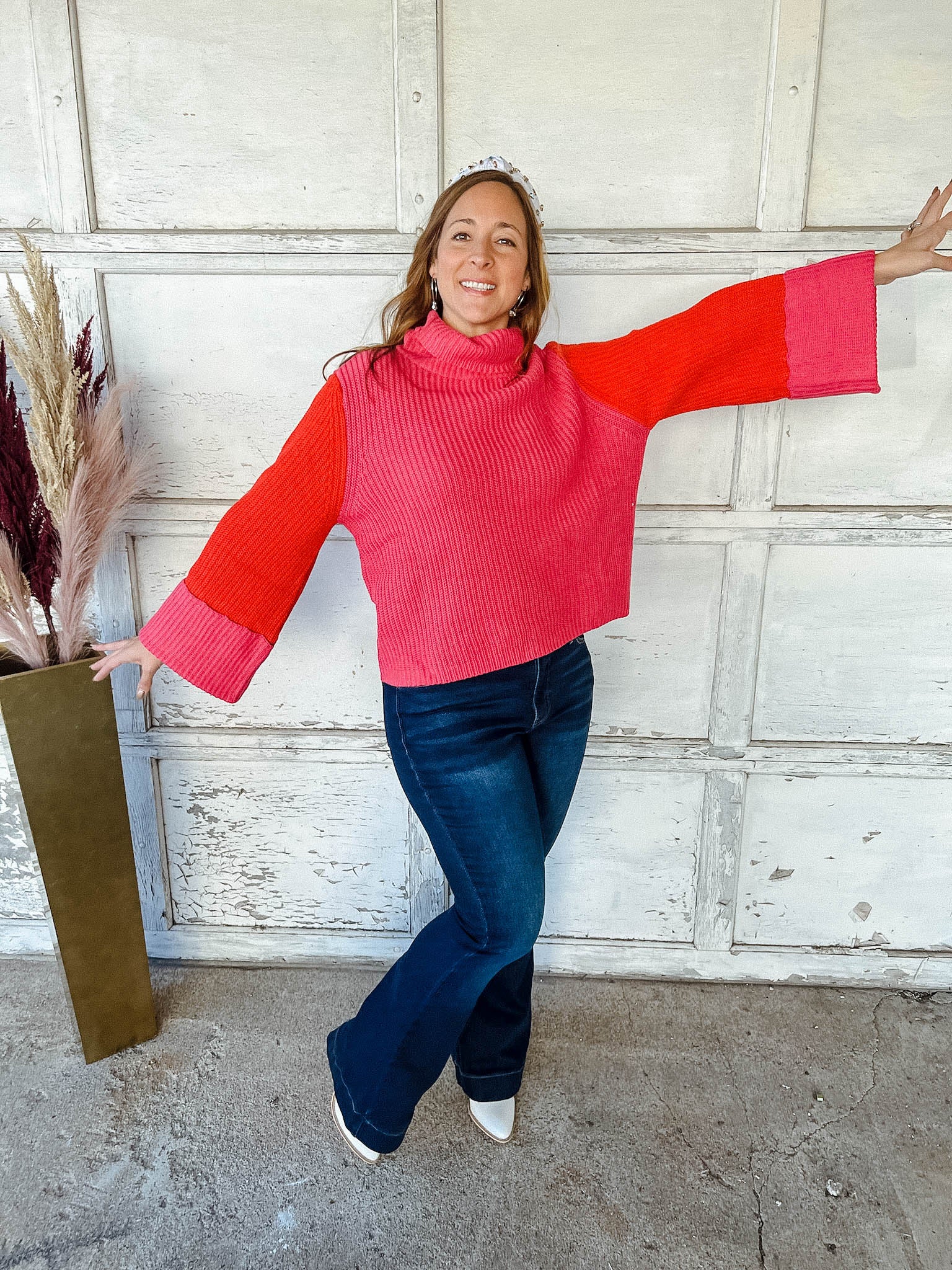Good Vibes Color Block Sweater - Red/Fuchsia