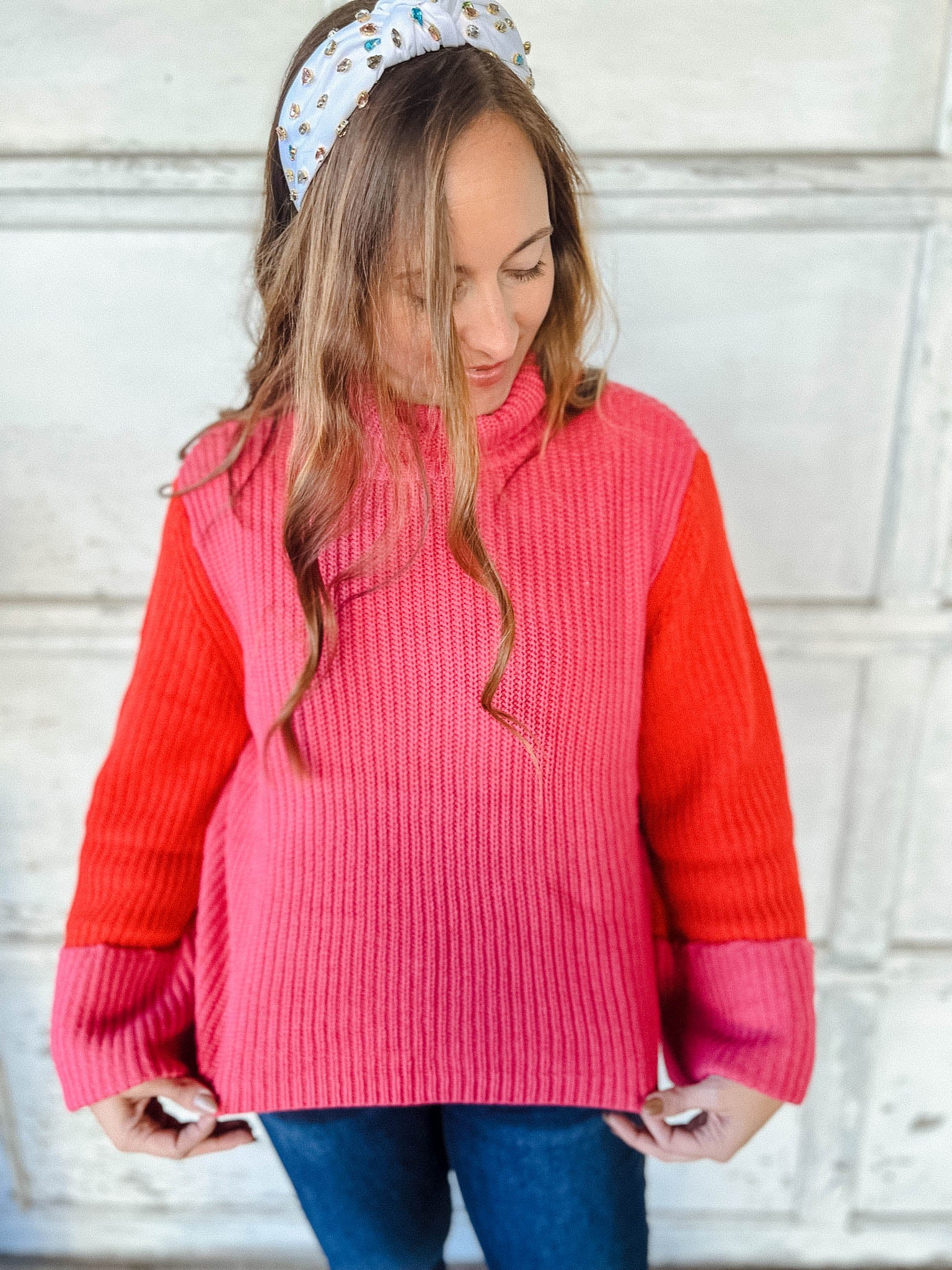 Good Vibes Color Block Sweater - Red/Fuchsia