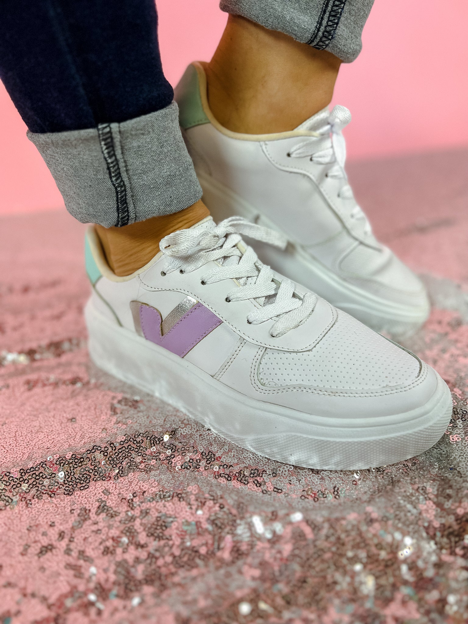 Rina Lace-Up Sneakers - Lilac + Duck Egg + Silver