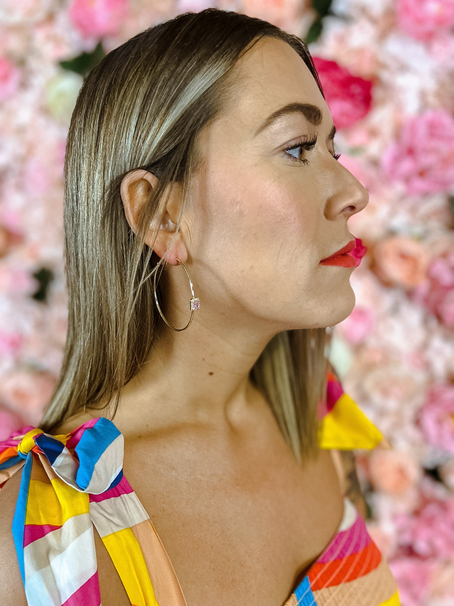 [Treasure Jewels] Declan Jewel Hoop Earrings - Gold + Geranium Pink