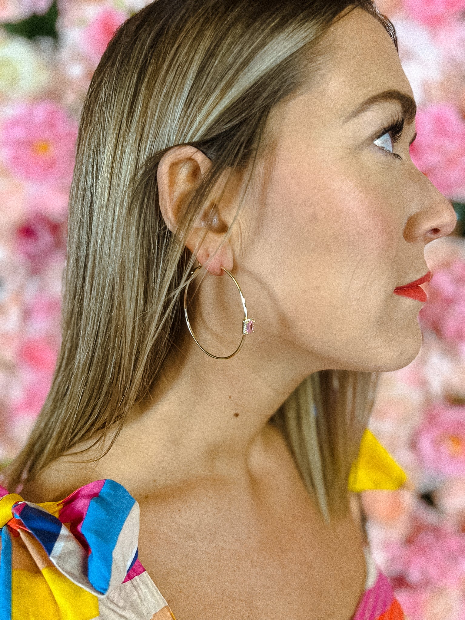 [Treasure Jewels] Declan Jewel Hoop Earrings - Gold + Geranium Pink