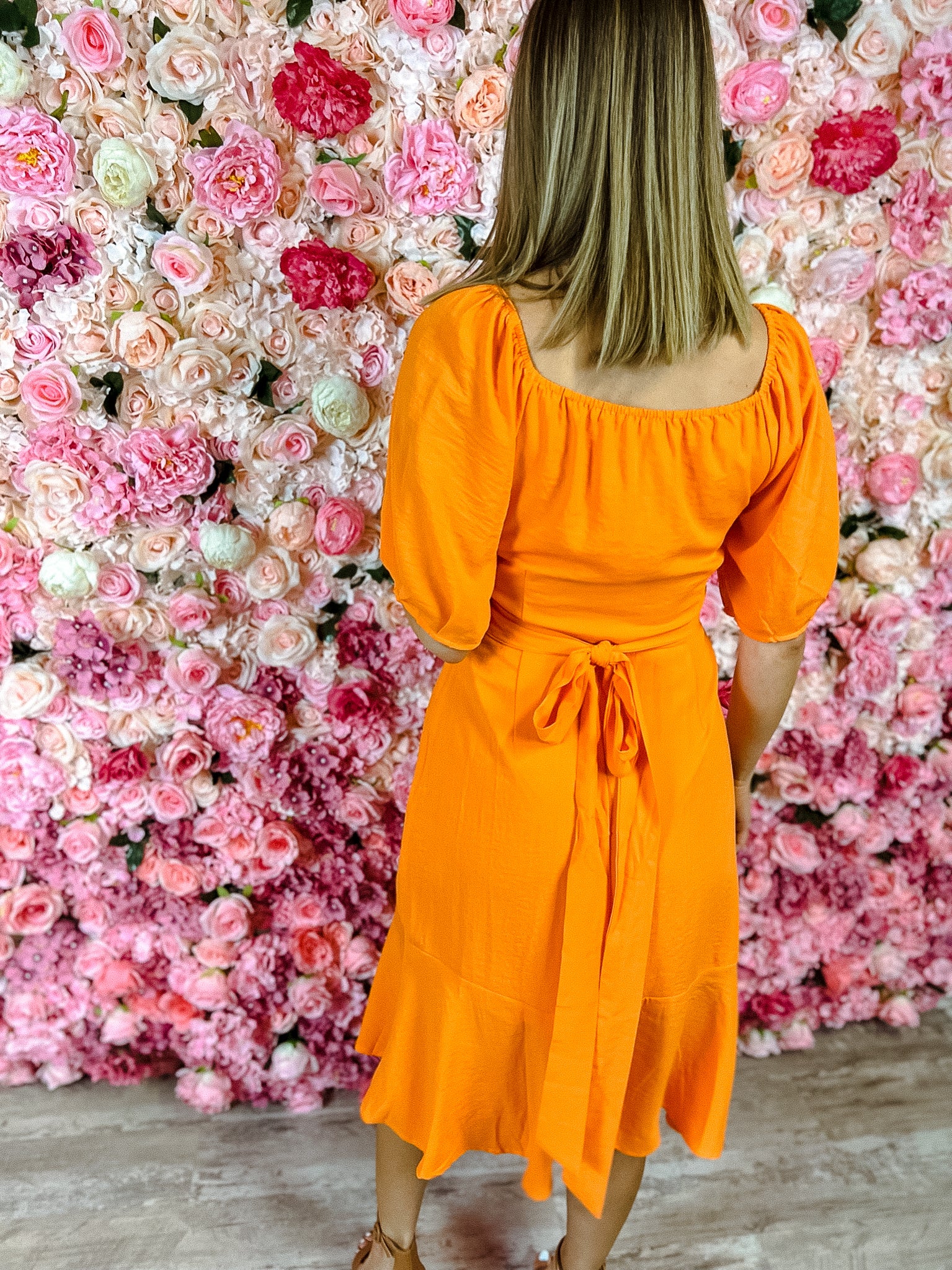 Lily Puff Sleeve Midi Dress - Bright Orange