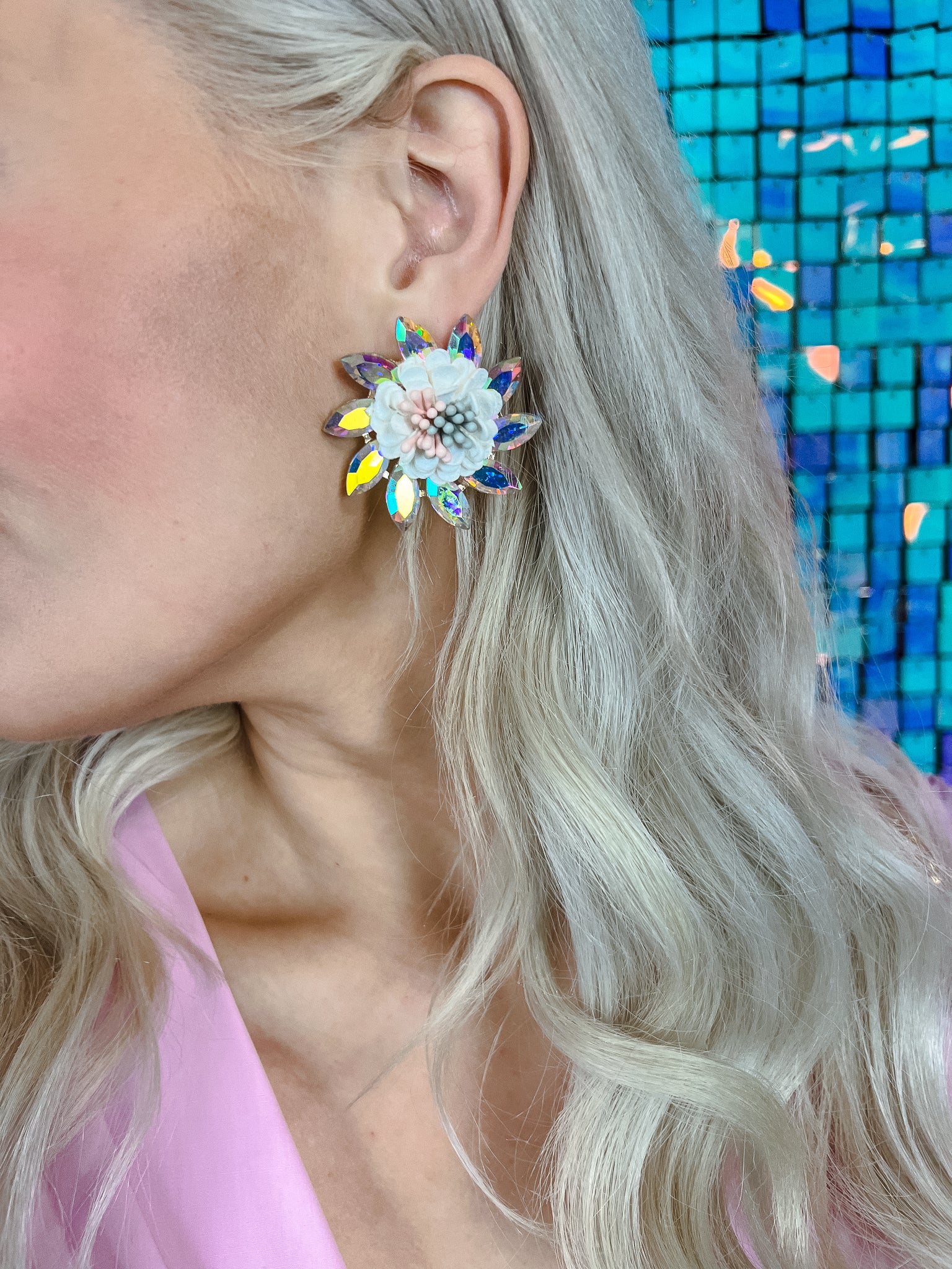 [Treasure Jewels] Just Peachy Beaded Earring - Light Blue Grey + Blush + AB Crystal